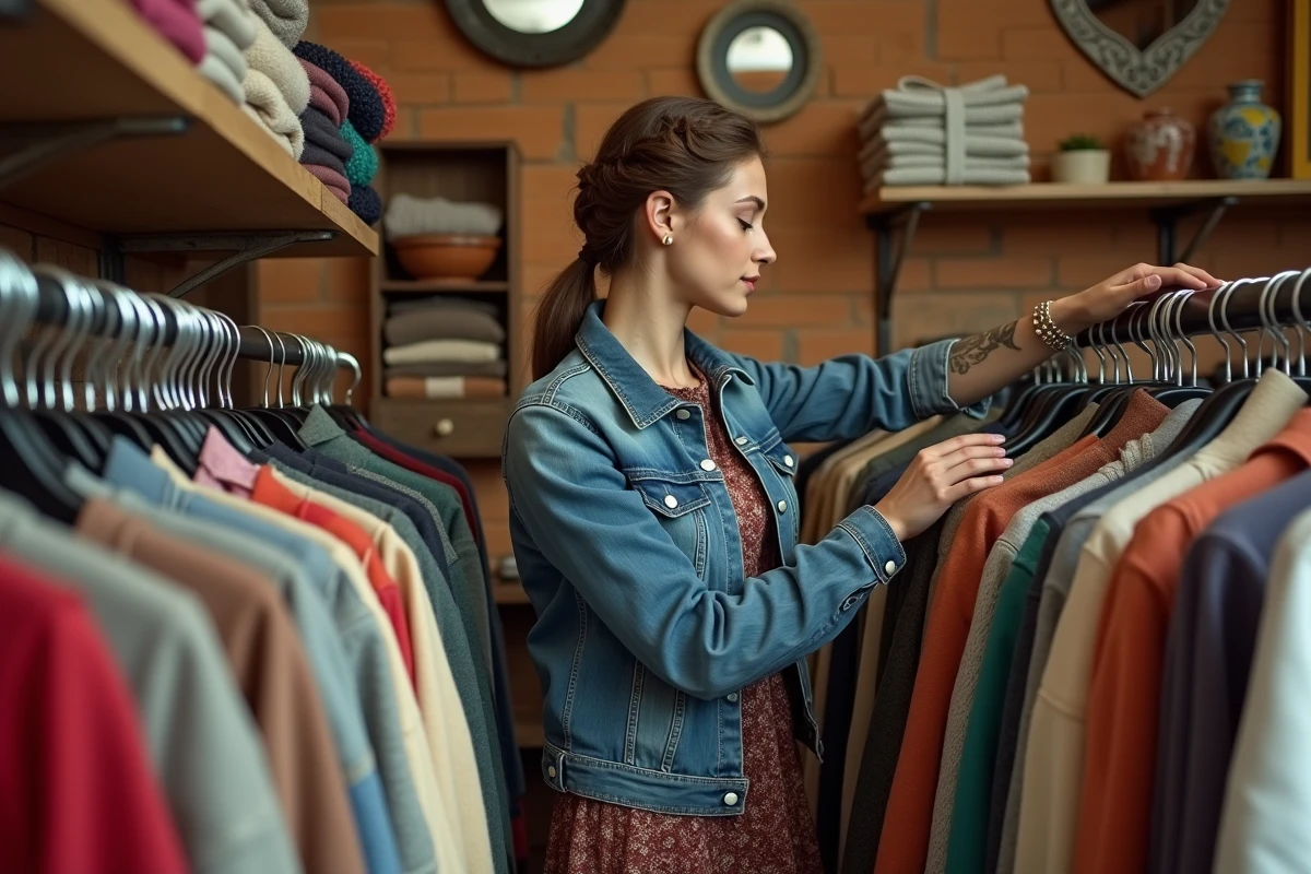 Femme en vintage denim dans une boutique à Strasbourg